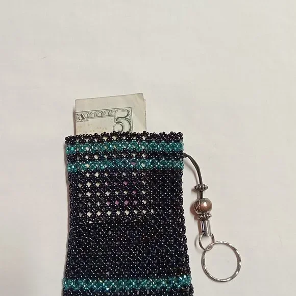 Hand Crafted  Beaded 3 1/2" Money-CC Holder Key Chain - Picture 2 of 6